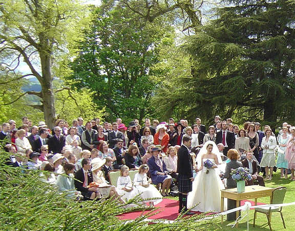 Outdoor wedding ceremony at Fingask Castle