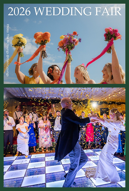 Bridesmaids holding flower bouquets in the air at Fingask Castle and a dancing couple in the Fingask Pavilion
