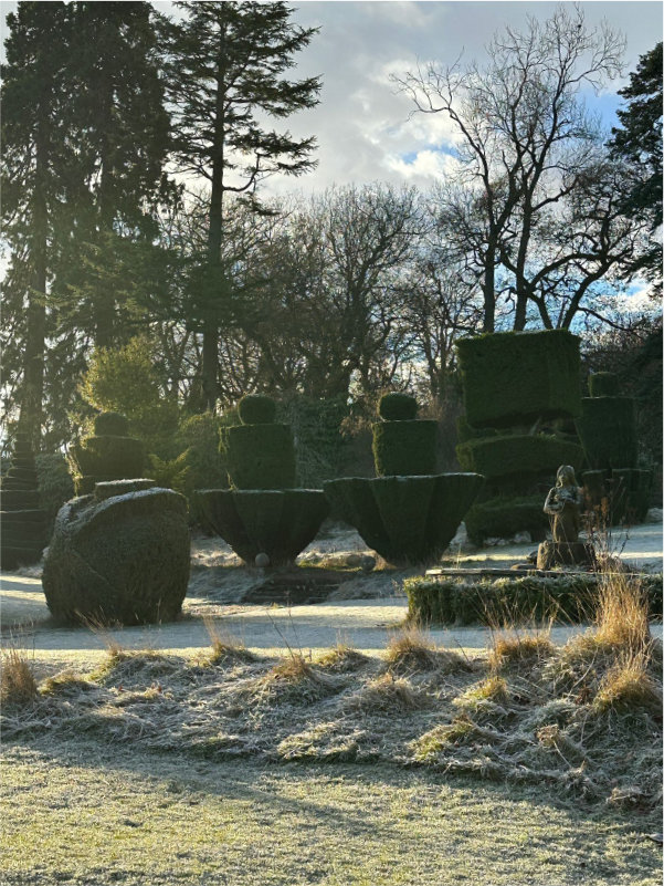 Frosty morning garden scene at Fingask Castle